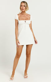Maddy Mini Dress - Ruched Bust Short Sleeve Dress in White